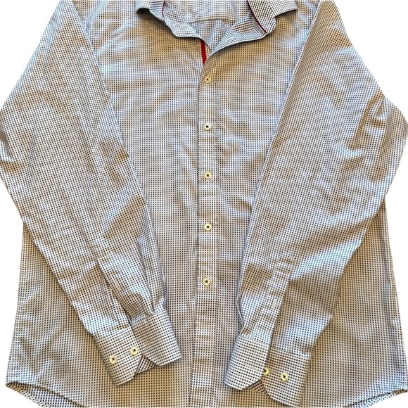 Bugatchi Classic Fit Navy Blue/White Dot Print Button Down Size L - Picture 3 of 8